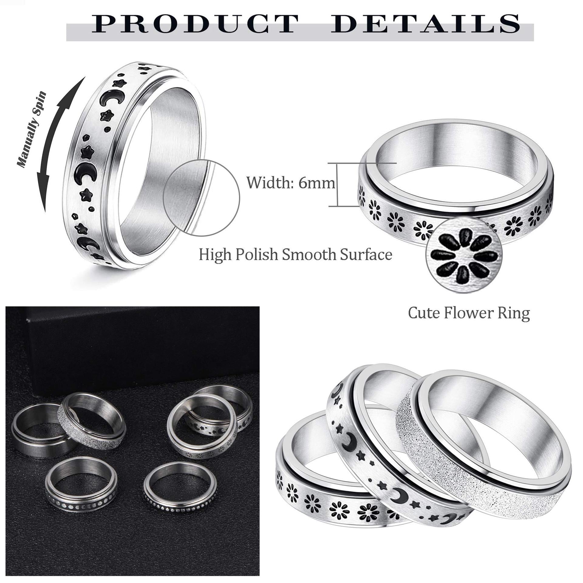 Stainless Steel Rotatable Spinner Ring Moon Stars Relieve Anxiety Rings Image