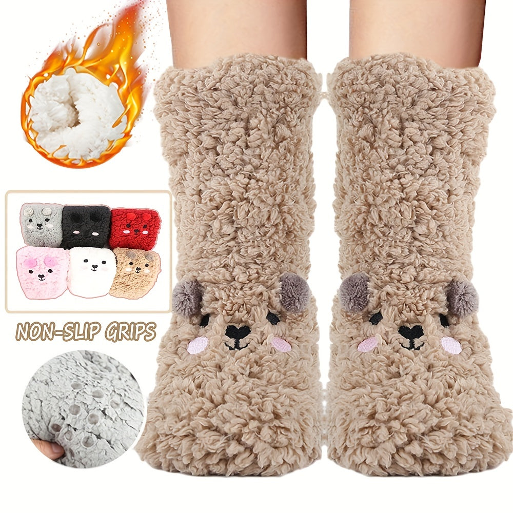 Cute Cartoon Bear Fuzzy Socks For Women, Comfortable Winter Soft Warm Slipper Socks, Casual Sleep Socks For Indoor Women's Fuzzy Socks Winter Warm Fluffy Soft Slipper Home Sleeping Cute Animal Socks Image