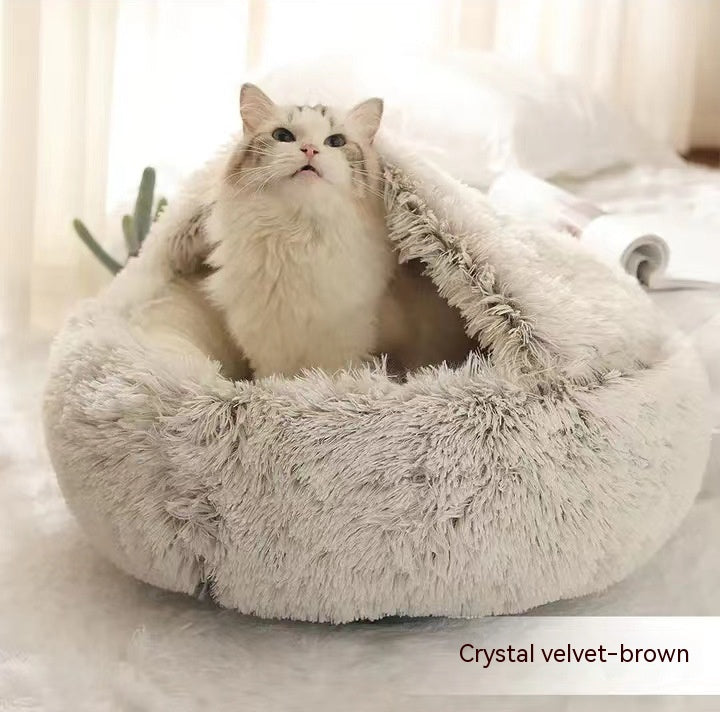 2 In 1 Dog And Cat Bed Pet Winter Bed Round Plush Warm Bed House Soft Long Plush Pets Bed Image