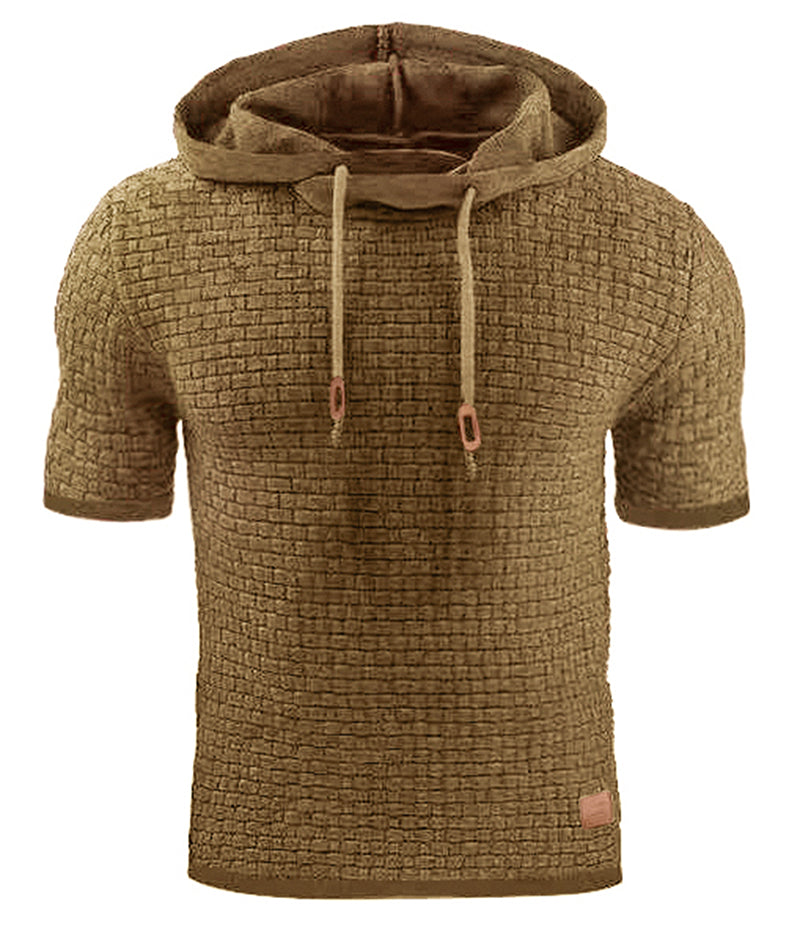 Mens Hooded Sweatshirt Short Sleeve Solid Knitted Hoodie Pullover Sweater Image