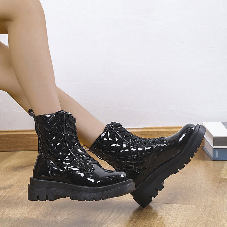 Lace-up Thick-heeled Boots Winter Casual Round Toe Platform Ankle Boots Women Fashion Quilted Pattern Minimalist Motorcycle Shoes Image