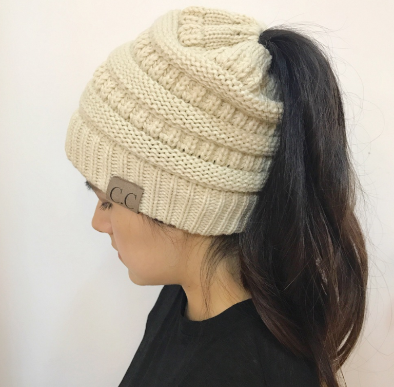 High Bun Ponytail Beanie Hat Chunky Soft Stretch Cable Knit Warm Fuzzy Lined Skull Beanie Acrylic Hats Men And Women Image