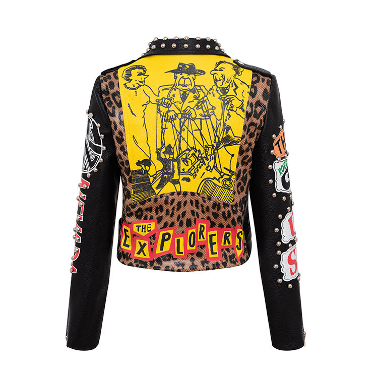 Chain Leather Jacket Printed Half  Collar Stud Cropped Top Slim Image