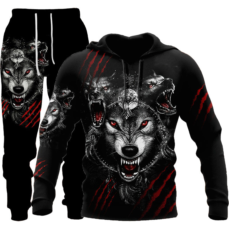 3D Wolf Print Tracksuit Men Sportswear Hooded Sweatsuit Two Piece Outdoors Running Fitness Mens Clothing Jogging Set Image