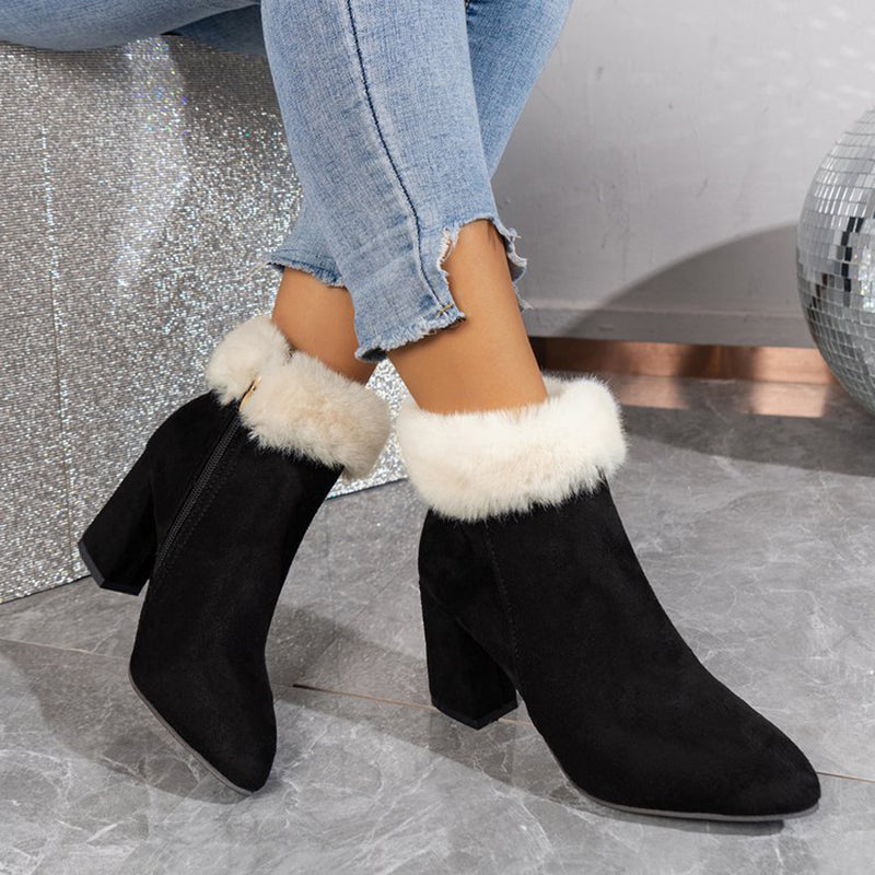 New Plaid Print Plush Ankle Boots Winter Fashoin Square Heel Suede Boots Women Casual Versatile Shoes Autumn And Winter Image