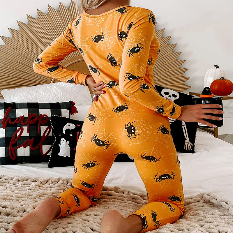 Halloween Printed Jumpsuit Long Sleeve Home Pajamas Casual Trousers Women's Cos Clothing Image