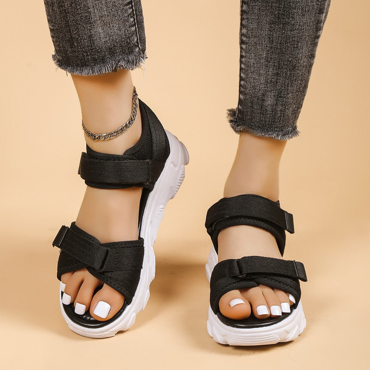 Women's Platform Round Toe Peep Toe Velcro Casual Sandals Image