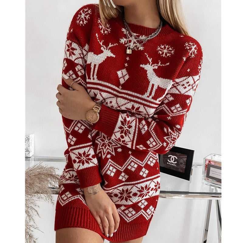 Elk Snowflake Christmas Jacquard Knitted Dress Long Knitted Sweaters Image