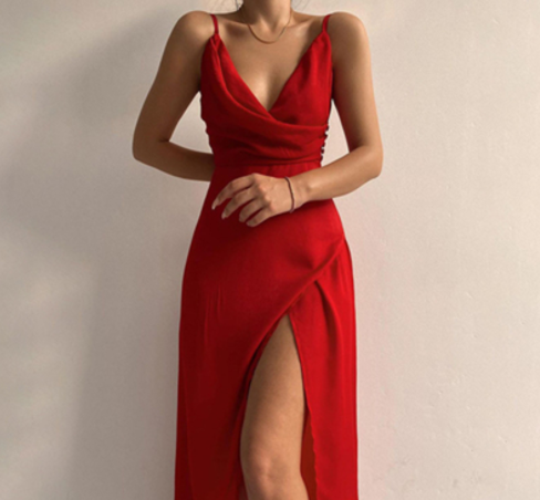 V-neck Slip Dress Low Cut Printed Slit Dress Image