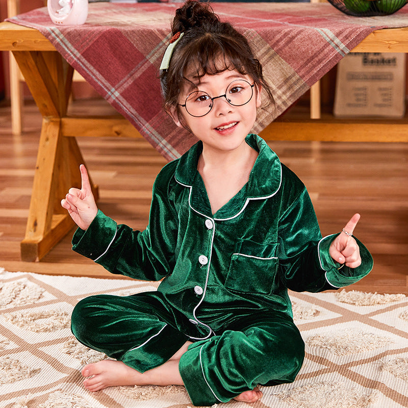 Children's Gold Velvet Solid Color Pajamas Set Image