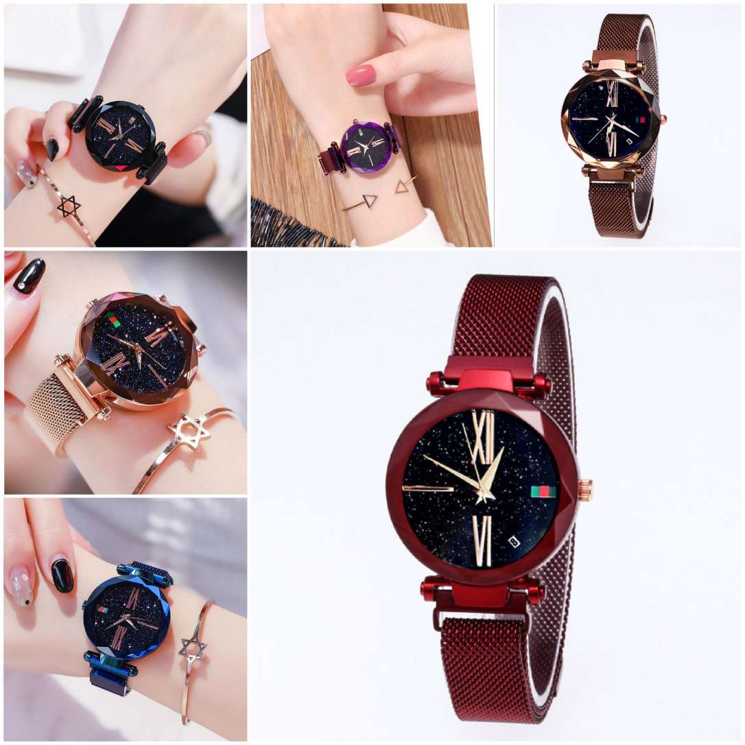 Luxury Women Watches Mesh Ladies Clock Magnet Buckle Starry Diamond Geometric Surface Quartz Wristwatch Image