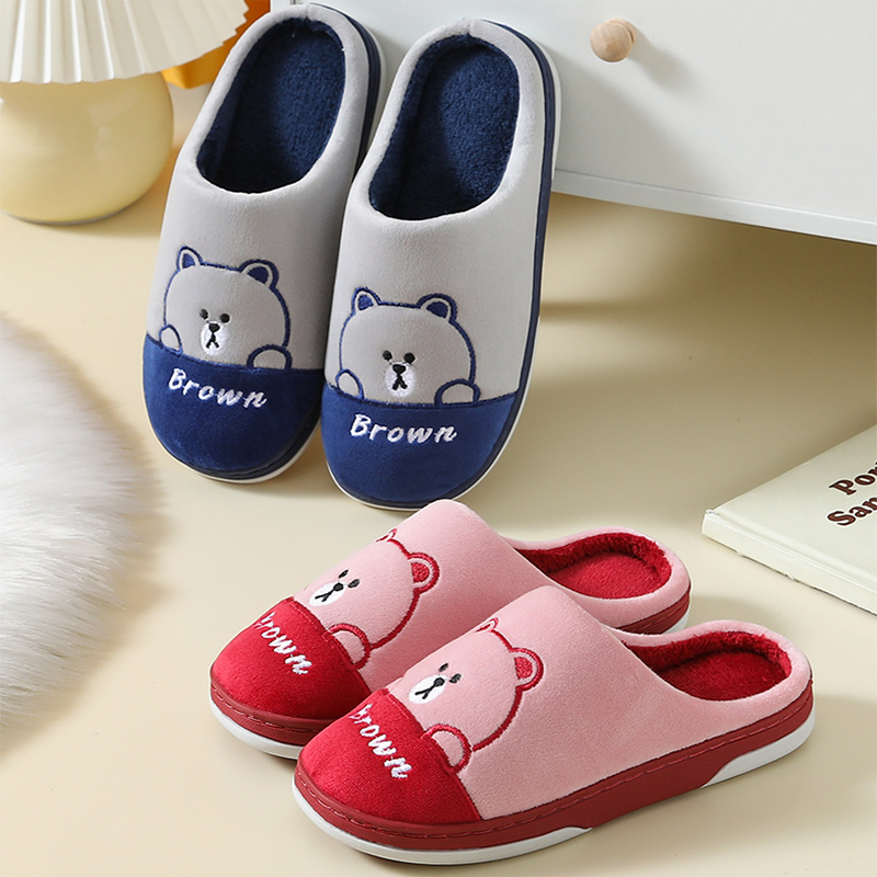 Cute Bears Slippers Warm Winter House Shoes For Women Couple Indoor Floor Bedroom Solid Color Non-slip Soft Plush Slippers