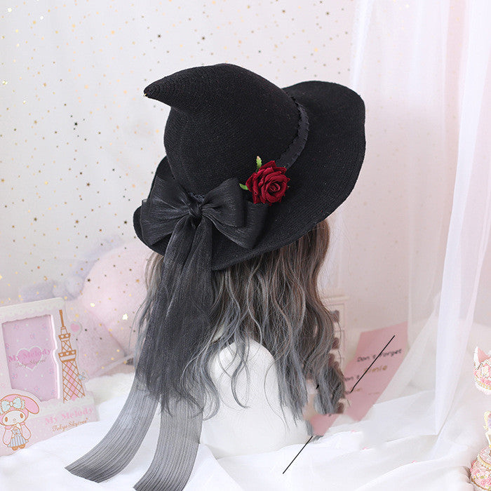 Lolita Halloween Retro Witch Hat Masquerade Rose Big Bow Wizard Hat Gothic Magical Girl Hat Cosplay Accessories Party Decor Image