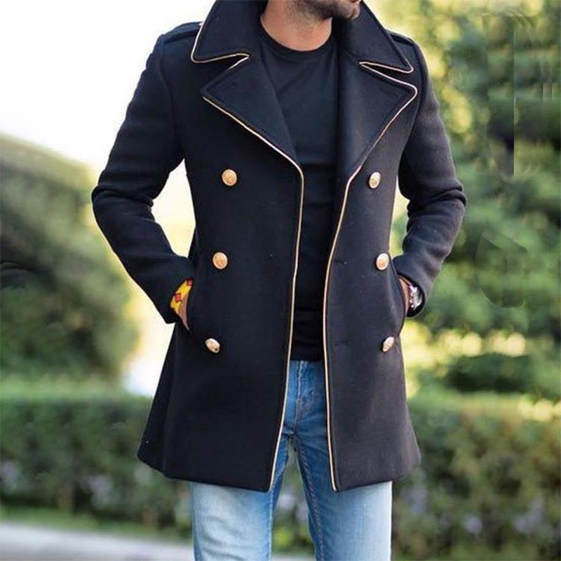 New men's woolen stand collar mid-length casual coat with pockets Image