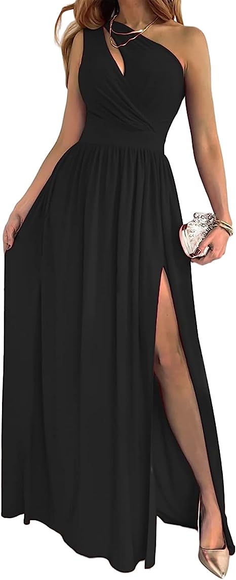 Women's One Shoulder High Split Cutout Sleeveless Elegant Sexy Cocktail Maxi Dress Image