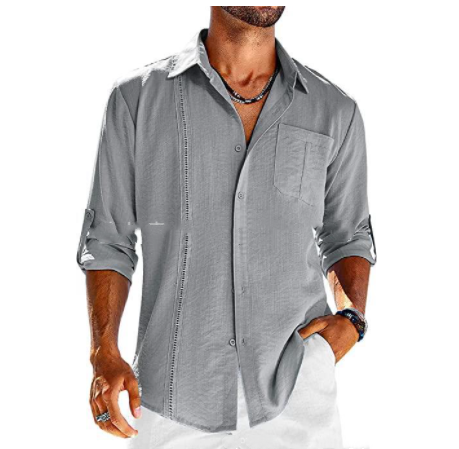 Casual  Long Sleeve Shirt With Pocket Lace Polo Collar Solid Color Button Mens Clothing Image