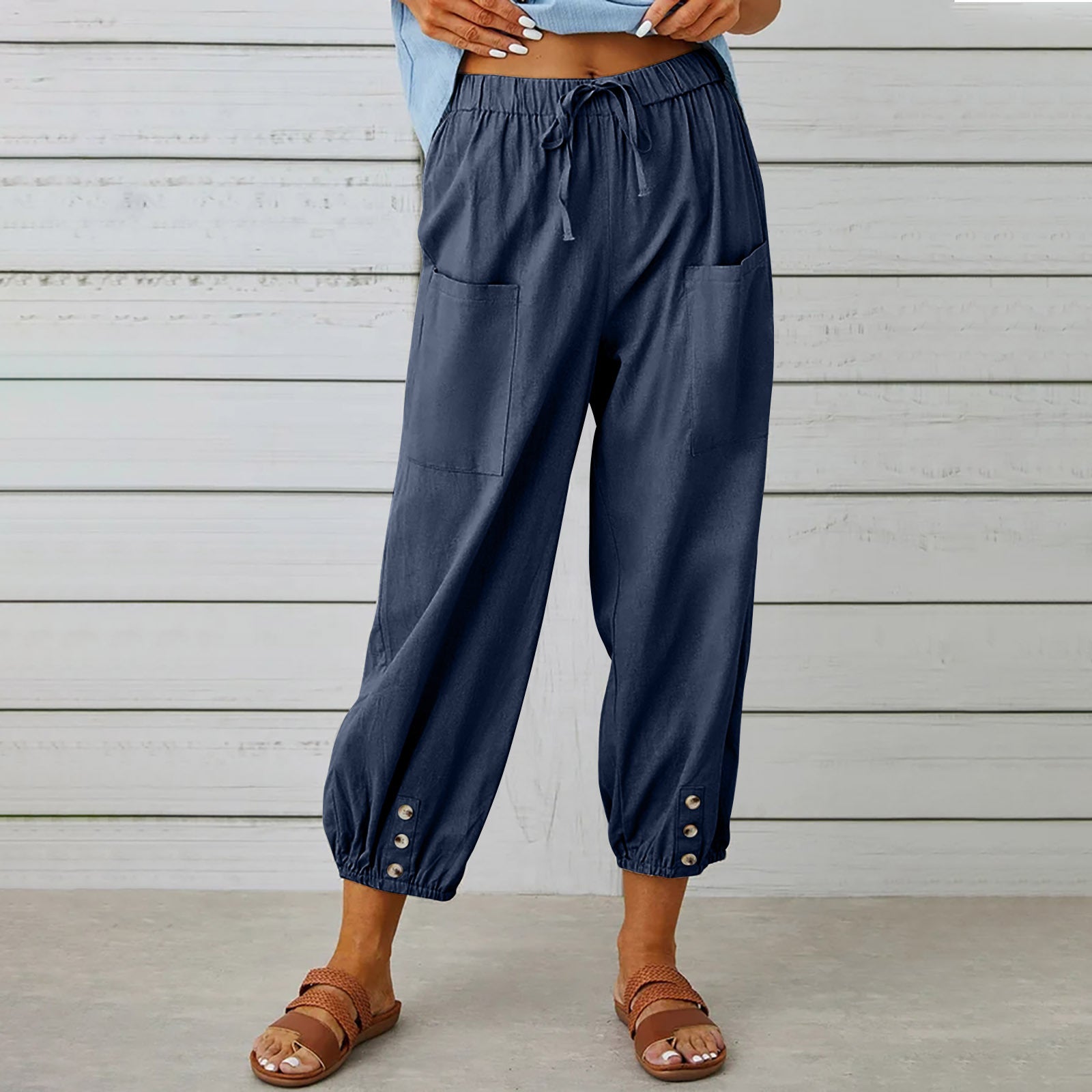 Women Drawstring Tie Pants Spring Summer Cotton And Linen Trousers With Pockets Button Image