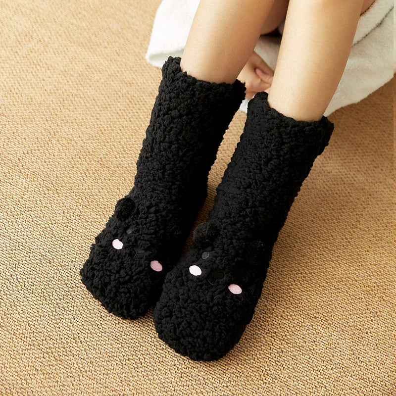 Cute Cartoon Bear Fuzzy Socks For Women, Comfortable Winter Soft Warm Slipper Socks, Casual Sleep Socks For Indoor Women's Fuzzy Socks Winter Warm Fluffy Soft Slipper Home Sleeping Cute Animal Socks Image