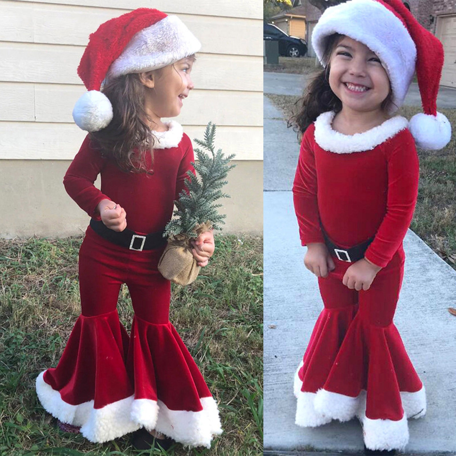 Winter Christmas Long-sleeved Shirt Bell Bottoms Hat Three-piece Children's Clothing Image