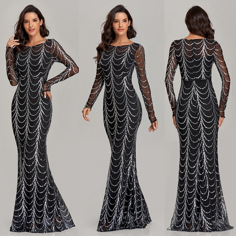 Sequins Women Maxi Dresses Long Sleeve Female Party Dresses Image