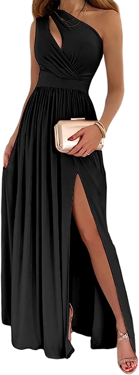 Women's One Shoulder High Split Cutout Sleeveless Elegant Sexy Cocktail Maxi Dress Image