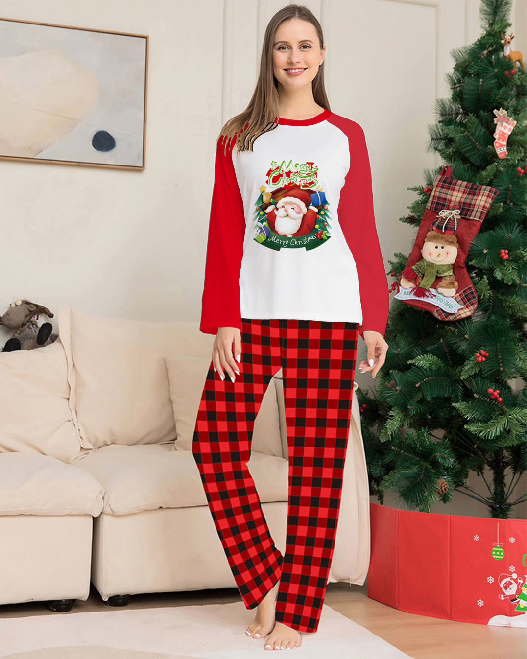 Christmas Parent-Child Clothes Set Long Sleeve T-Shirt Plaid Pants Family Matching Pajamas Image