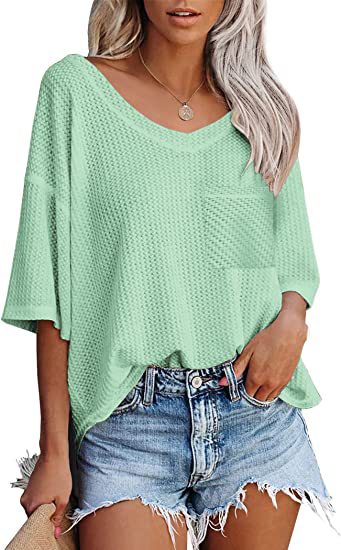 V-neck Shirts Women Summer Short Sleeve Green Tops With Patched Pocket Image