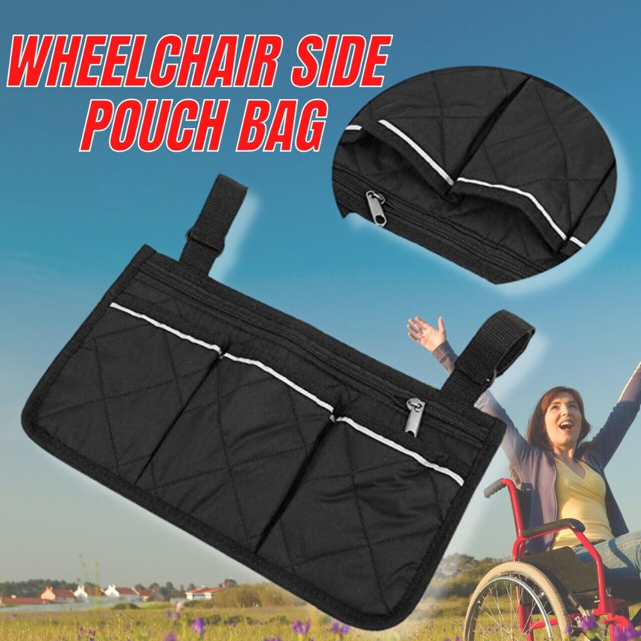 Wheelchair Armrest Accessories Side Bags To Hang On Side Pouch With Bright Line Image