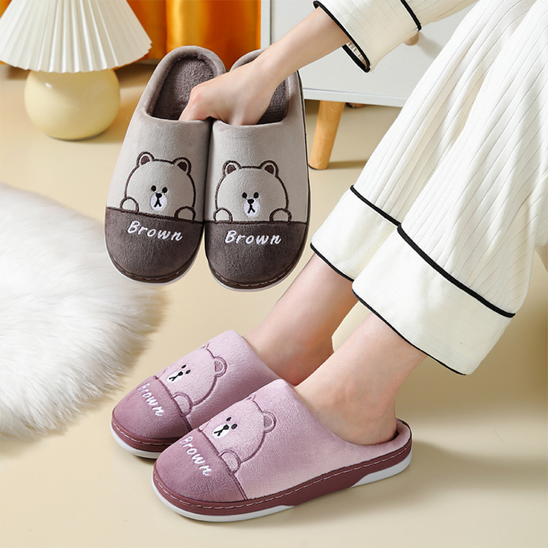 Cute Bears Slippers Warm Winter House Shoes For Women Couple Indoor Floor Bedroom Solid Color Non-slip Soft Plush Slippers