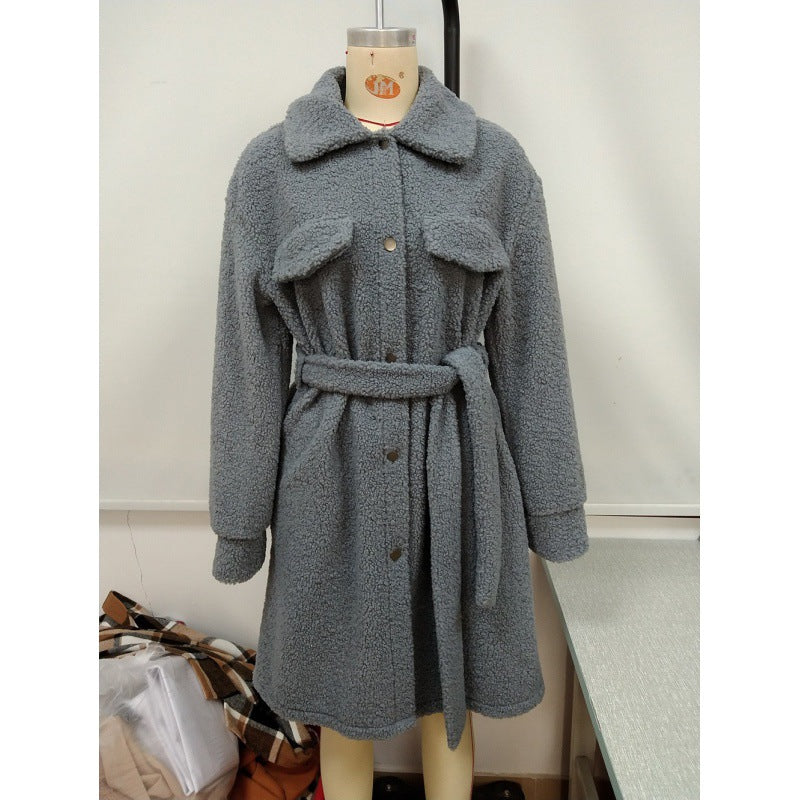 Mid-length Lapel Belted Single-breasted Plush Trench Coat Image