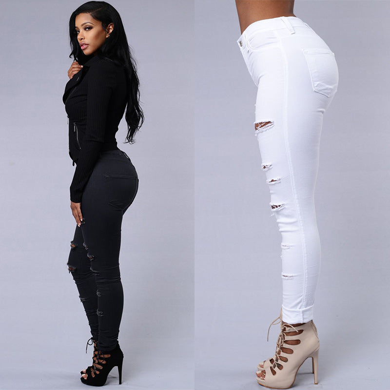 Ripped Jeans Women Skinny Trousers Casual High Waist Pencil Pants Image