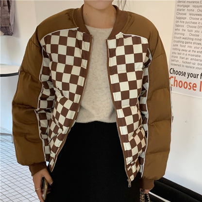 Retro Fried Street Contrast Color Checkerboard Casual Padded Jacket