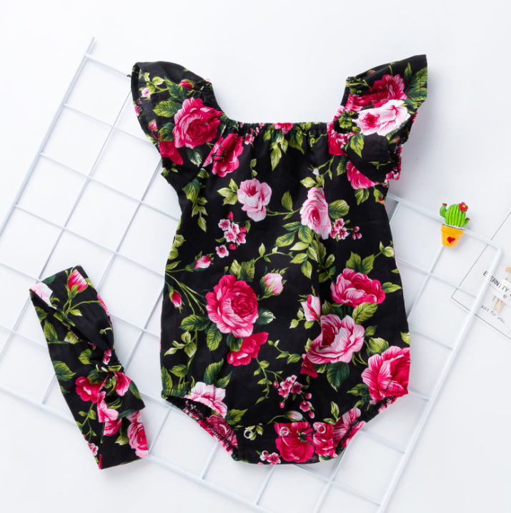 Children's wear, baby, cotton, baby, baby print, small flying sleeves, romper Image