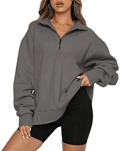 Women Sweatshirts Zip Turndown Collar Loose Casual Tops Clothes Image