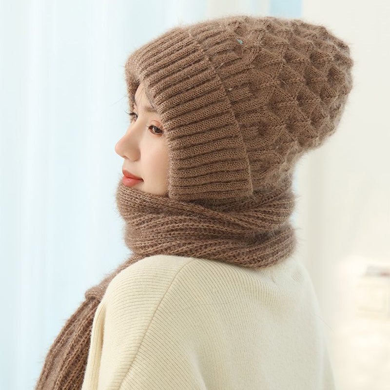 Women's Fleece-lined Scarf And Hat Winter Warm Knitted Hat Scarf Image