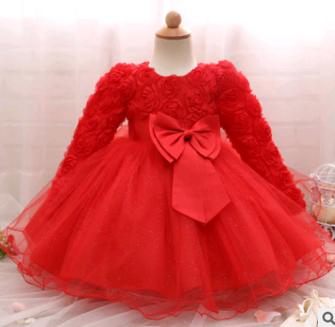 Long-sleeved girls dress rose children's wedding dress skirt Image