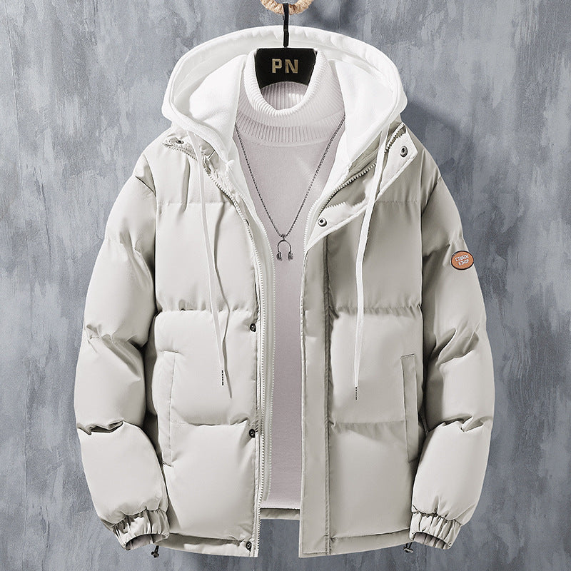 Fashion Hooded Jacket Men Winter Windproof Thickened Fake Two-piece Coat Solid Leisure Sports Cotton Jacket Image