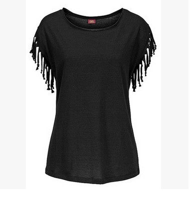 Wish quick sale eBay ladies Europe and America big size round neck short sleeve cuffs tassel T-shirt cotton tops Image