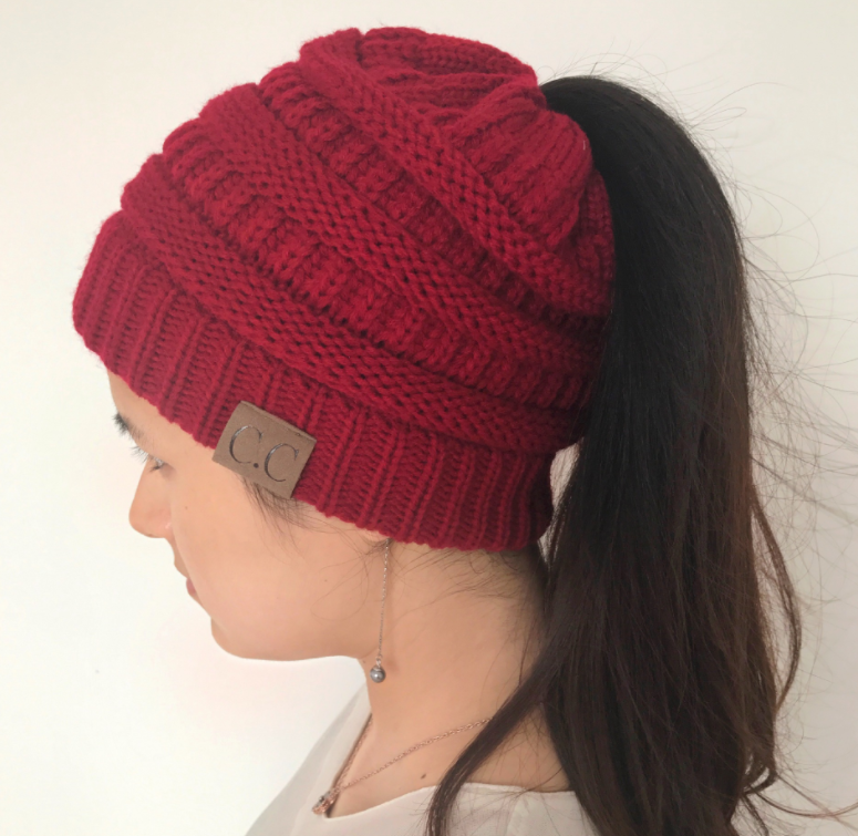 High Bun Ponytail Beanie Hat Chunky Soft Stretch Cable Knit Warm Fuzzy Lined Skull Beanie Acrylic Hats Men And Women Image