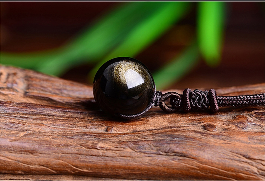 Black Gold Natural Obsidian Stone Pendant Lucky Transfer Beads Pendant Necklace Male Female Lovers Fashion Jewelry Image