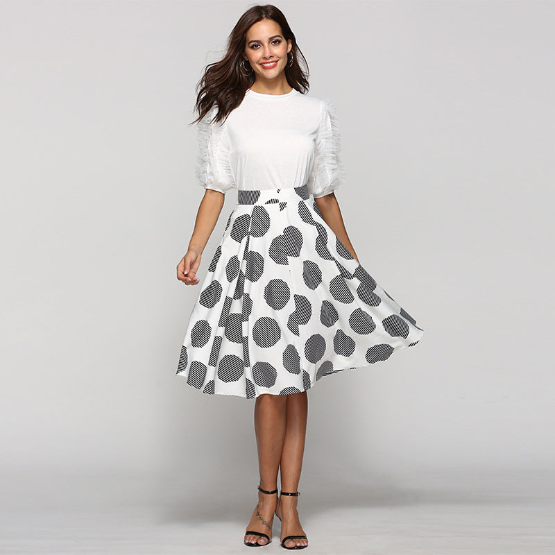 Large Polka Dot Round Slim Fit Mid-Length Skirt With Large Hem