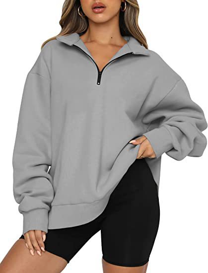 Women Sweatshirts Zip Turndown Collar Loose Casual Tops Clothes Image