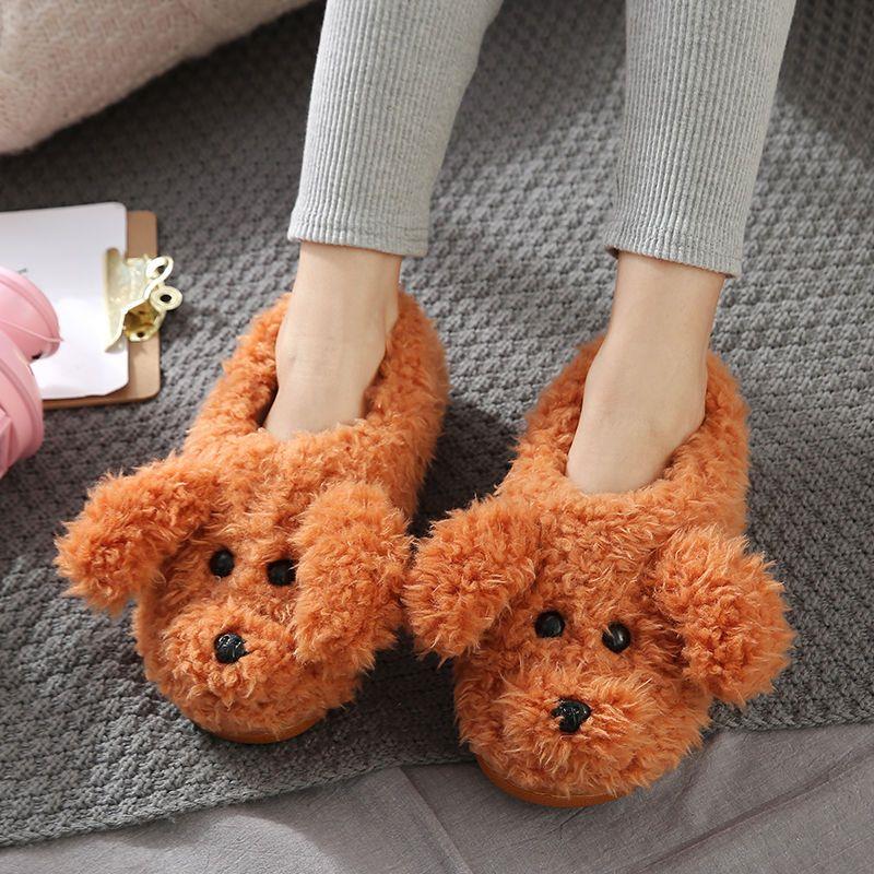 Comwarm Cute Dog Short Plush Slippers For Women 2023 Winter Warm Furry Cotton Shoes Couples Home Indoor Bedroom Cozy Slippers Image