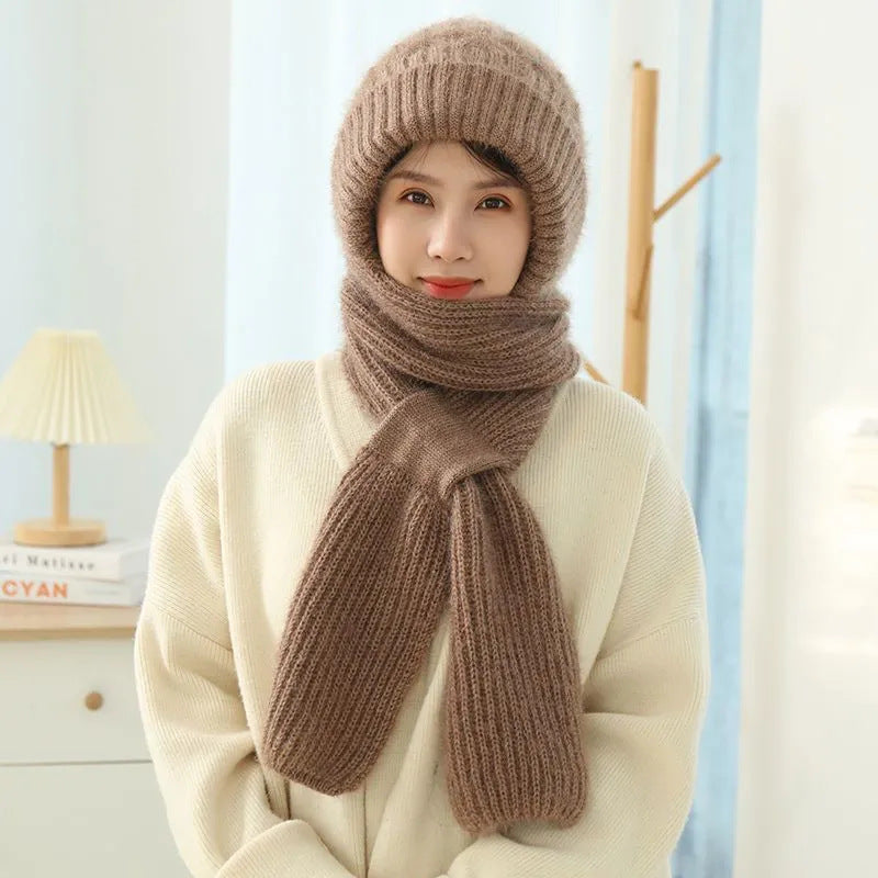 Women's Fleece-lined Scarf And Hat Winter Warm Knitted Hat Scarf Image