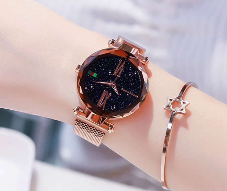 Luxury Women Watches Mesh Ladies Clock Magnet Buckle Starry Diamond Geometric Surface Quartz Wristwatch Image