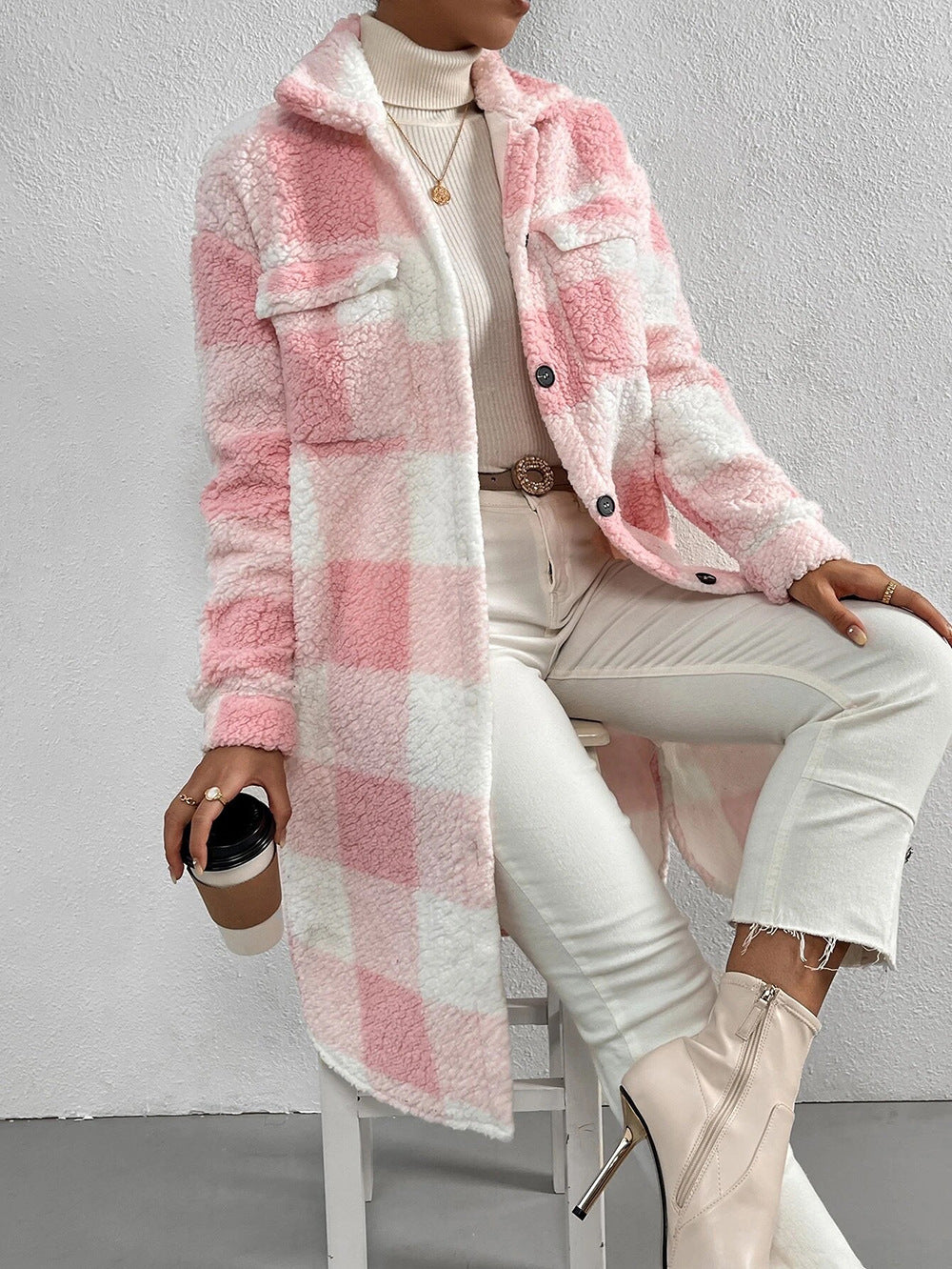 Button Lapel Plush Plaid Coat Loose Image