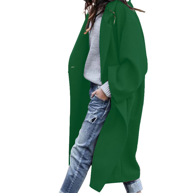 Casual Long Jacket With Pockets Solid Color Single Breasted Lapel Woolen Coat For Women Warm Winter Clothing Image