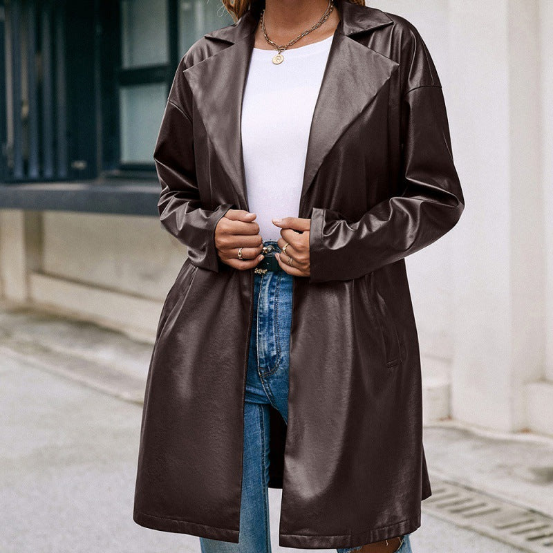 Mid-length Leather Western-lace Slim Long-sleeved Trench Coat Image