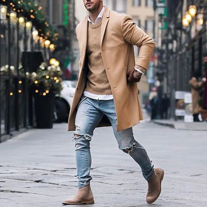 Fashion Winter Men's Trench Long Jackets Coats Overcoat Classic Jackets Solid Slim Fit Outwear Hombre Men Clothes Khaki Black Image