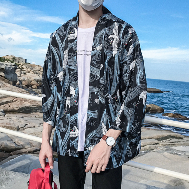 Printed Japanese Style Kimono Jacket cardigan men clothing cardigan male streetwear hiphop casual coat loose kimono Image